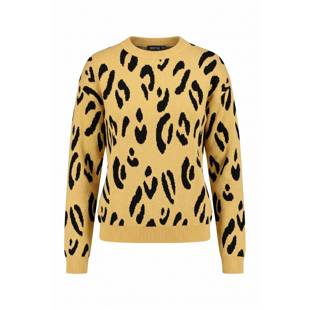 Boohoo Womens Leopard Print Crew Neck Sweater Mustard Yellow Black Size 14 UK 18